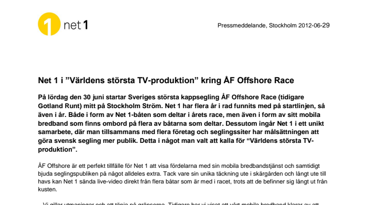 Net 1 i ”Världens största TV-produktion” kring ÅF Offshore Race