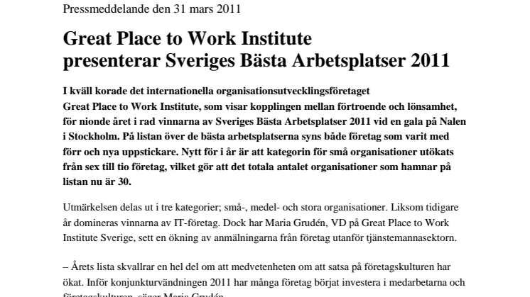 Great Place to Work Institute presenterar Sveriges Bästa Arbetsplatser 2011