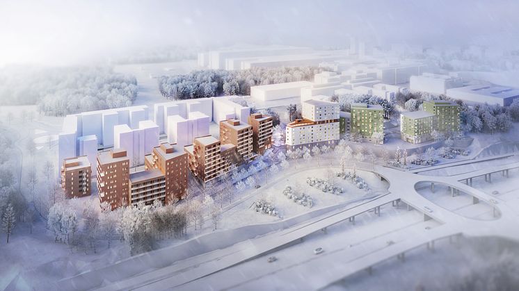 Visionsbild studentbostadsprojekt i Flemingsberg (bild: Towatt Architects & Planners)
