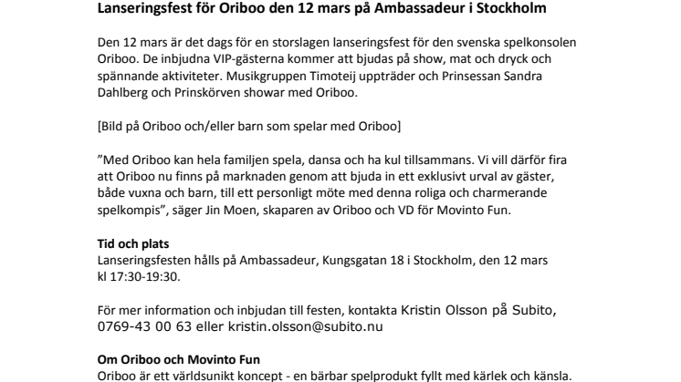 Lanseringsfest för Oriboo den 12 mars på Ambassadeur i Stockholm