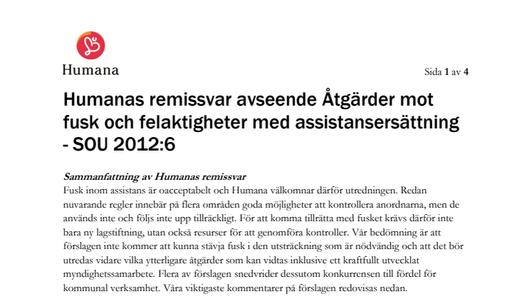 Humanas remissvar avseende Åtgärder mot fusk och felaktigheter med assistansersättning - SOU 2012:6