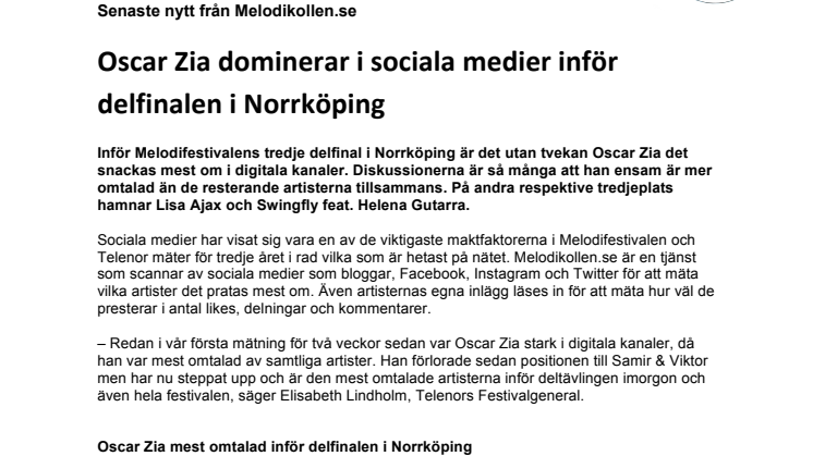 Oscar Zia dominerar i sociala medier inför deltävlingen i Norrköping