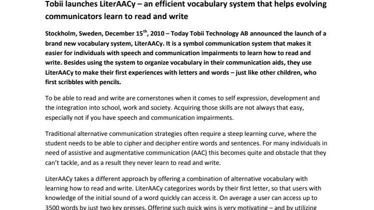 Tobii launches LiterAACy – an efficient vocabulary system that helps evolving communicators learn to read and write