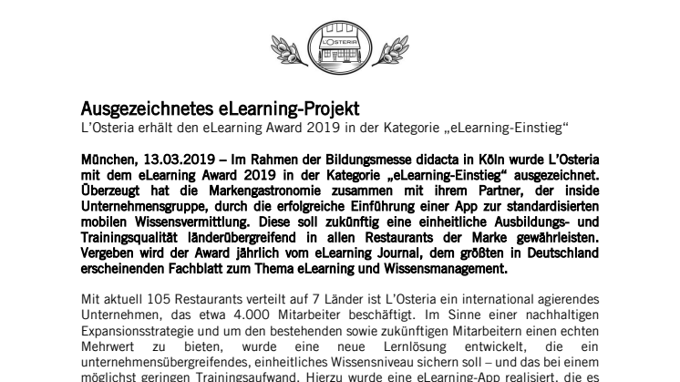 L’Osteria erhält den eLearning Award 2019 in der Kategorie „eLearning-Einstieg“