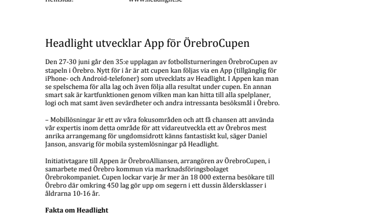 Headlight utvecklar App för ÖrebroCupen