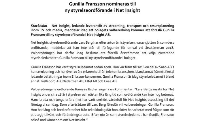 Gunilla Fransson nomineras till ny styrelseordförande i Net Insight