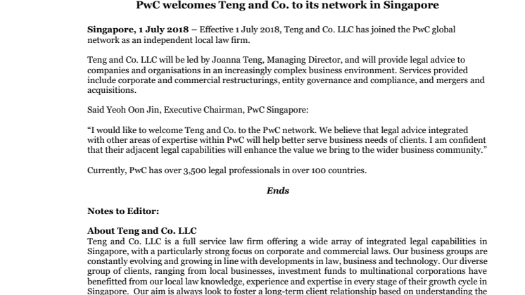 PwC welcomes Teng and Co. to its network in Singapore