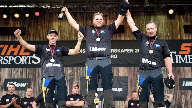 Imponerande helsvensk prispall på Nordiska Mästerskapen i Timbersports 2018. Överst Calle Svadling, tvåa Ferry Svan och trea lagkapten Hans-Ove Hansson.