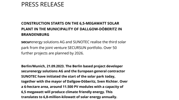 Press release: Construction starts on the 6,5-megawatt solar plant in the municipality of Dallgow-Döberitz in Brandenburg