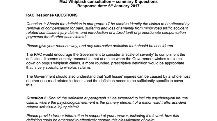RAC response to the MoJ consultation on whiplash claims