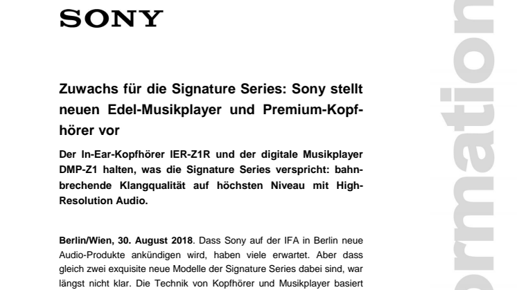 Zuwachs für die Signature Series: Sony stellt neuen Edel-Musikplayer und Premium-Kopfhörer vor