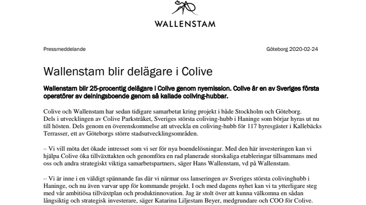 Wallenstam blir delägare i Colive