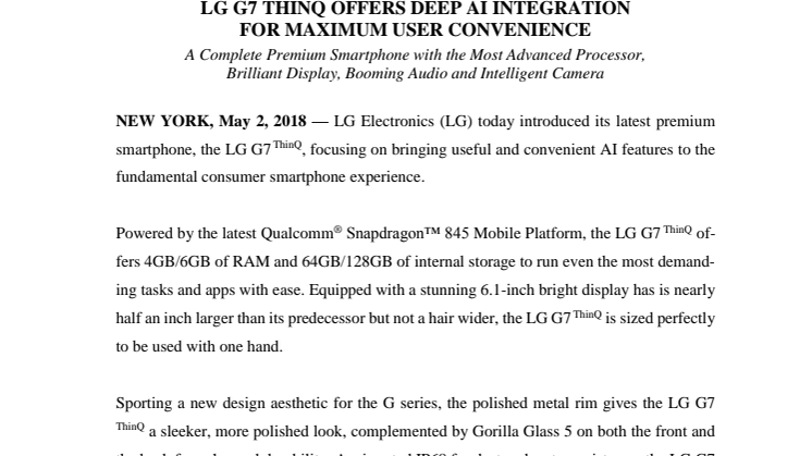 LG introducerar LG G7 ThinQ, den sjunde generationen av företagets smartphones i G-serien