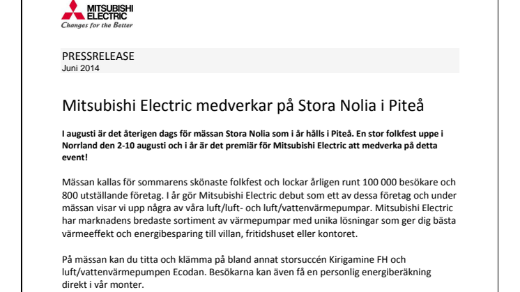Mitsubishi Electric medverkar på Stora Nolia i Piteå