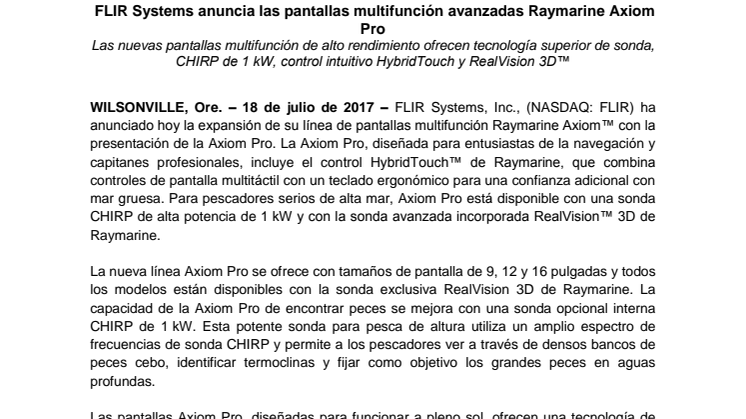 Raymarine: FLIR Systems anuncia las pantallas multifunción avanzadas Raymarine Axiom Pro 