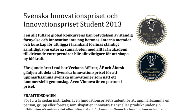 Svenska Innovationspriset och Innovationspriset Student 2013