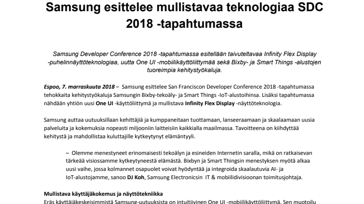  Samsung esittelee mullistavaa teknologiaa SDC 2018 -tapahtumassa