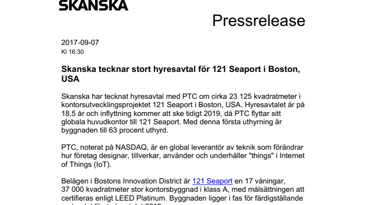 Skanska tecknar stort hyresavtal för 121 Seaport i Boston, USA