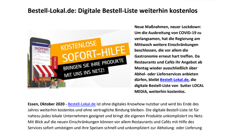 Bestell-Lokal.de: Digitale Bestell-Liste weiterhin kostenlos