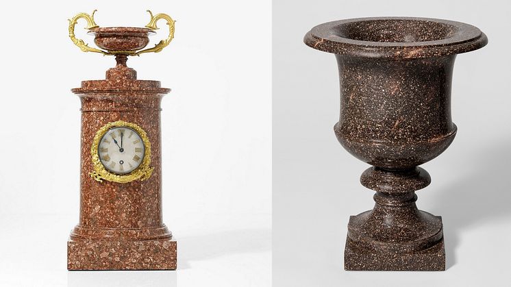 Table clock in granitell, 1830-1850 and vase in porphyry designed by Louis Masreliez, beginning of 19th Century. Photo: Stockholms Auktionsverk and Linn Ahlgren/Nationalmuseum.
