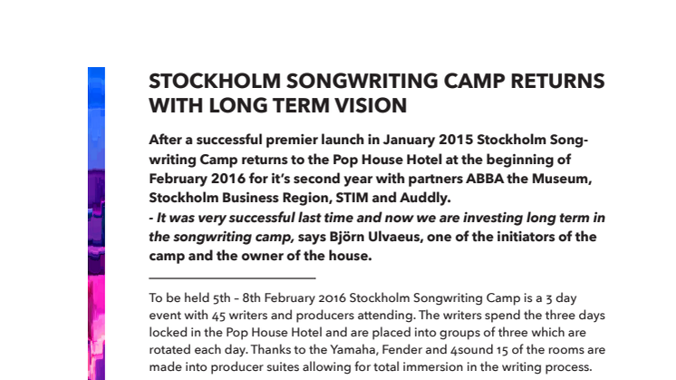 Stockholm Songwriting Camp returns with long term vision