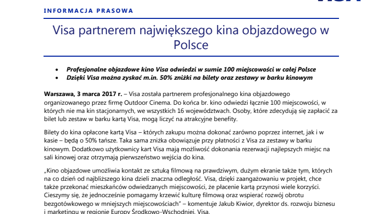 Visa partnerem największego kina objazdowego w Polsce