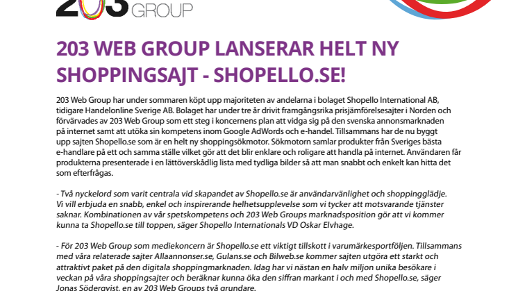 203 Web Group lanserar en helt ny shoppingsajt - Shopello.se!