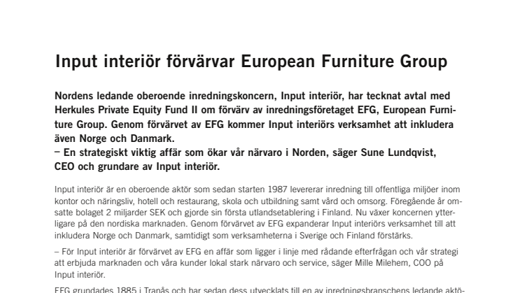 Input interiör förvärvar European Furniture Group
