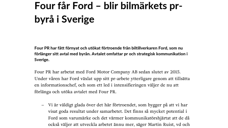 Four får Ford – blir bilmärkets pr-byrå i Sverige