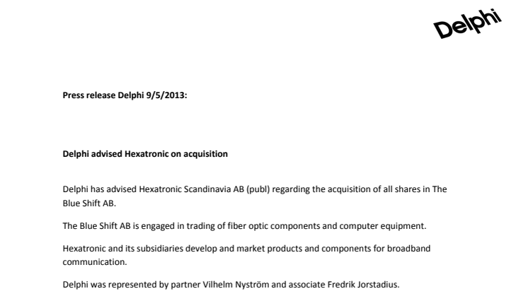 Delphi advised Hexatronic on acquisition