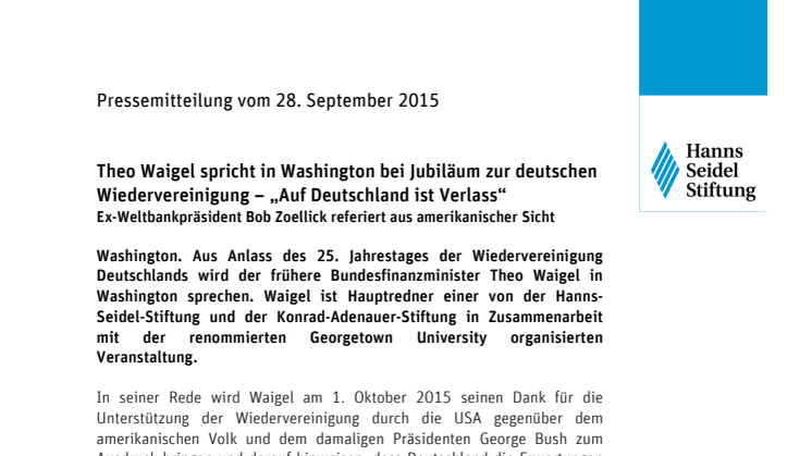 Theo Waigel spricht in Washington bei Jubiläum zur deutschen Wiedervereinigung – „Auf Deutschland ist Verlass“