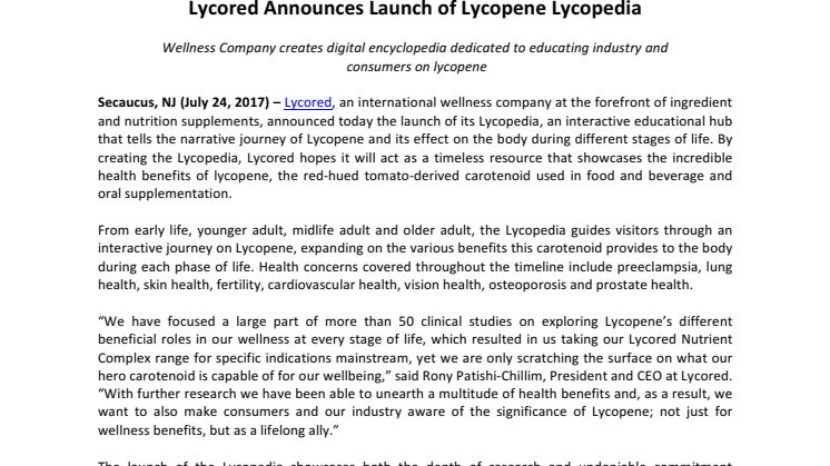 Lycored Announces Launch of Lycopene Lycopedia