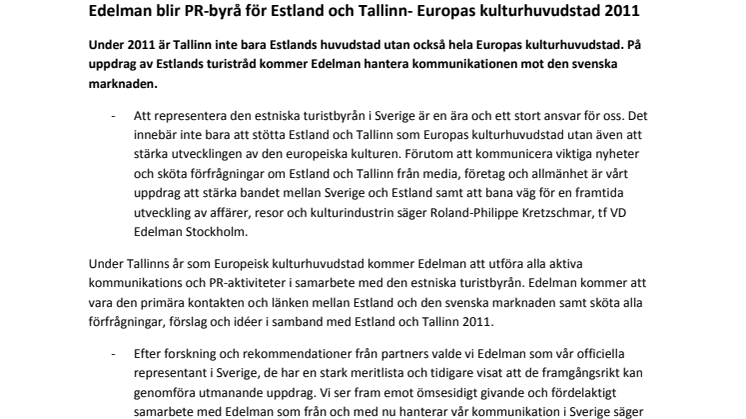 Edelman blir PR-byrå för Estland och Tallinn- Europas kulturhuvudstad 2011