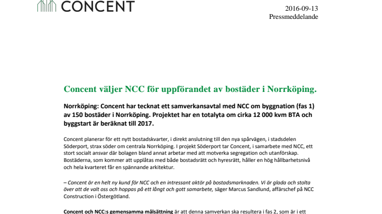 Concent väljer NCC för uppförandet av bostäder i Norrköping