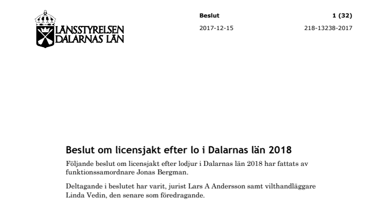 Beslut om licensjakt efter lo i Dalarnas län 2018