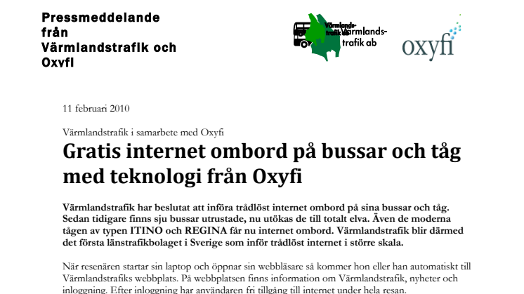 Värmlandstrafik i samarbete med Oxyfi - Gratis internet ombord på bussar och tåg med teknologi från Oxyfi