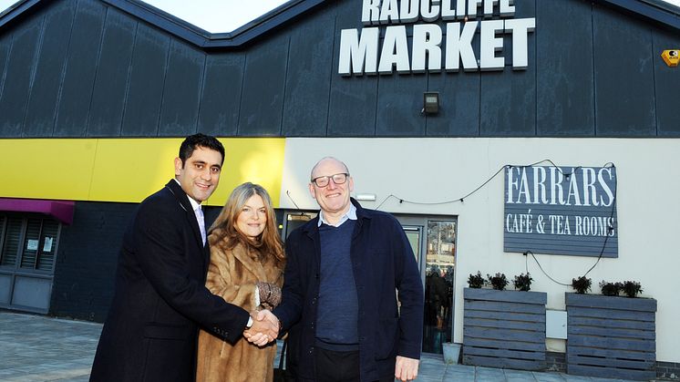 Agreeing on a new future for Radcliffe Market (from left) Cllr Rishi Shori, leader of Bury Council; Jodie Bannister of Farrars Cafe which is located in the market hall; and Ricky Davies of new operators Impact Management Solutions.