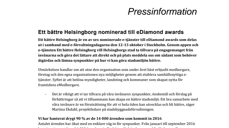 Ett bättre Helsingborg nominerad till eDiamond awards