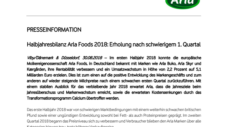 Halbjahresbilanz Arla Foods 2018: Erholung nach schwierigem 1. Quartal