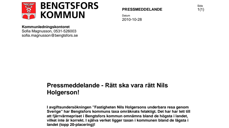 Pressmeddelande - Rätt ska vara rätt Nils Holgerson!
