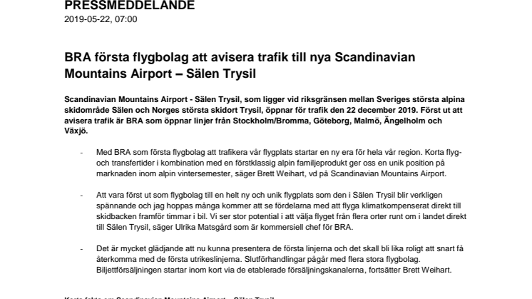 BRA första flygbolag att avisera trafik till nya Scandinavian Mountains Airport - Sälen Trysil