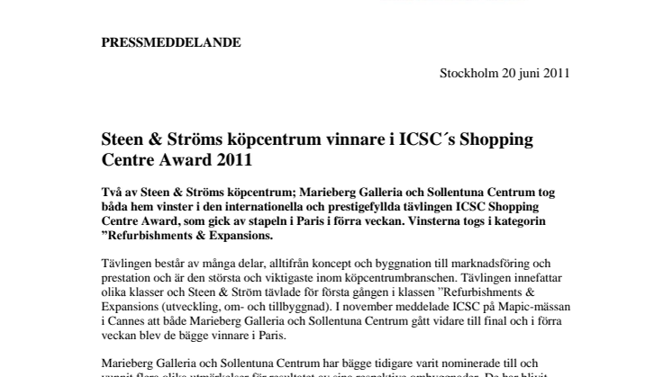 Två av Steen & Ströms köpcentrum vinnare i ICSC´s Shopping Centre Award 2011