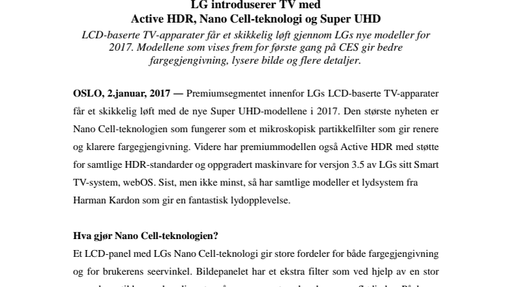 LG introduserer TV med Active HDR, Nano Cell-teknologi og Super UHD 