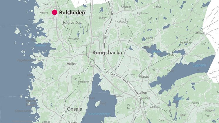 Karta som visar var i Kungsbacka kommun som Bolsheden industriområde ligger. 