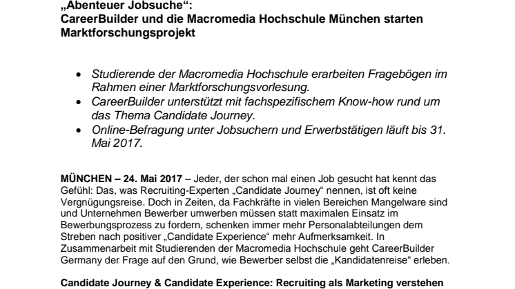 „Abenteuer Jobsuche“: CareerBuilder und die Macromedia Hochschule München starten Marktforschungsprojekt