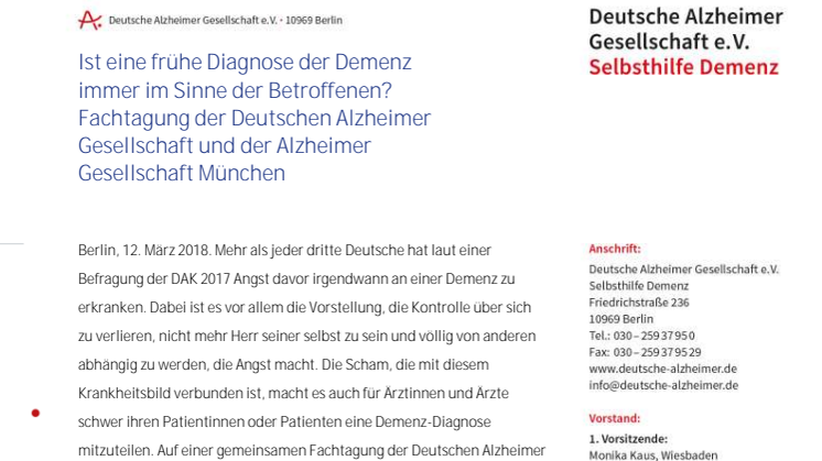Ist eine frühe Diagnose der Demenz immer im Sinne der Betroffenen? Fachtagung der Deutschen Alzheimer Gesellschaft und der Alzheimer Gesellschaft München 