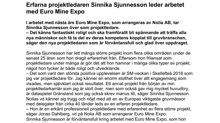 Erfarna projektledaren Sinnika Sjunnesson leder arbetet med Euro Mine Expo