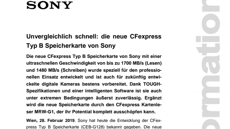 Unvergleichlich schnell: die neue CFexpress Typ B Speicherkarte von Sony