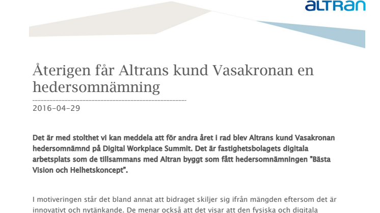 Återigen får Altrans kund Vasakronan en hedersomnämning