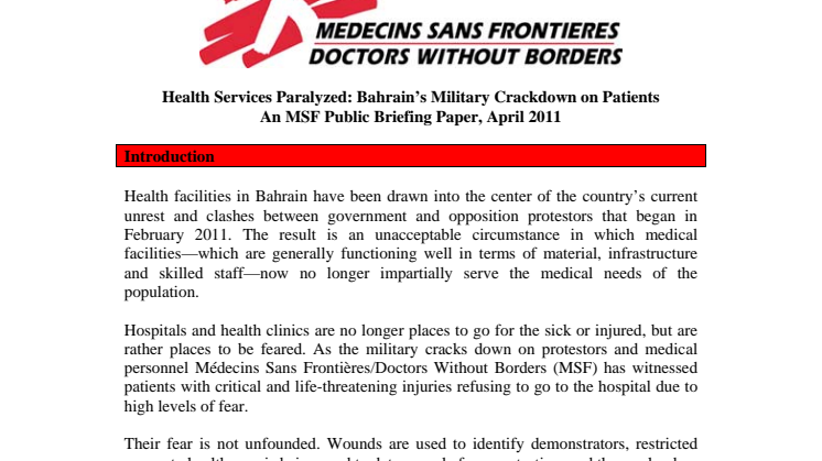 Health Services Paralyzed: Bahrain’s Military Crackdown on Patients 
